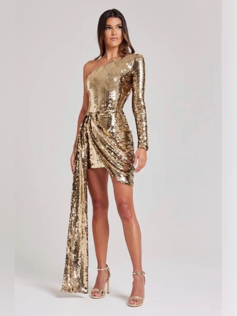 Nadine Merabi Celina Gold Sequin One Shoulder Draped Dress US 10